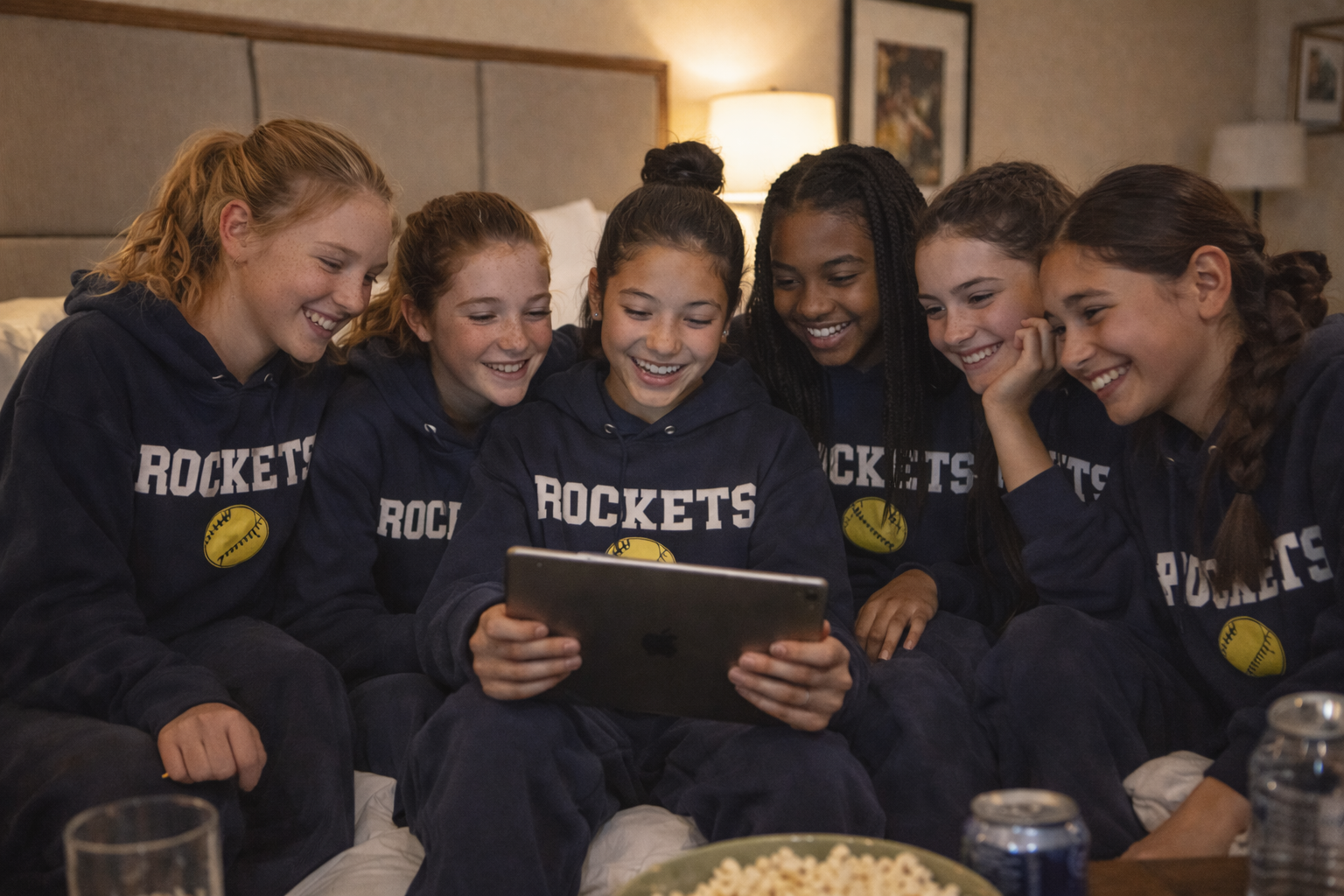 A softball team in matching hoodies studying the Rundown app together on a tablet